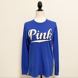 Victorias Secret PINK Royal Blue White Script Print Logo Long Sleeve T Shirt XS